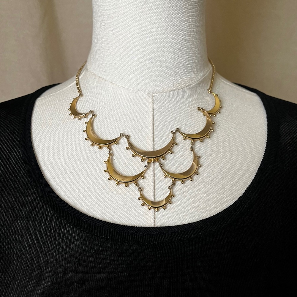 Vintage Gold Crescent Moon Fringe Necklace Statement Bib Boho 14.5-16.5"